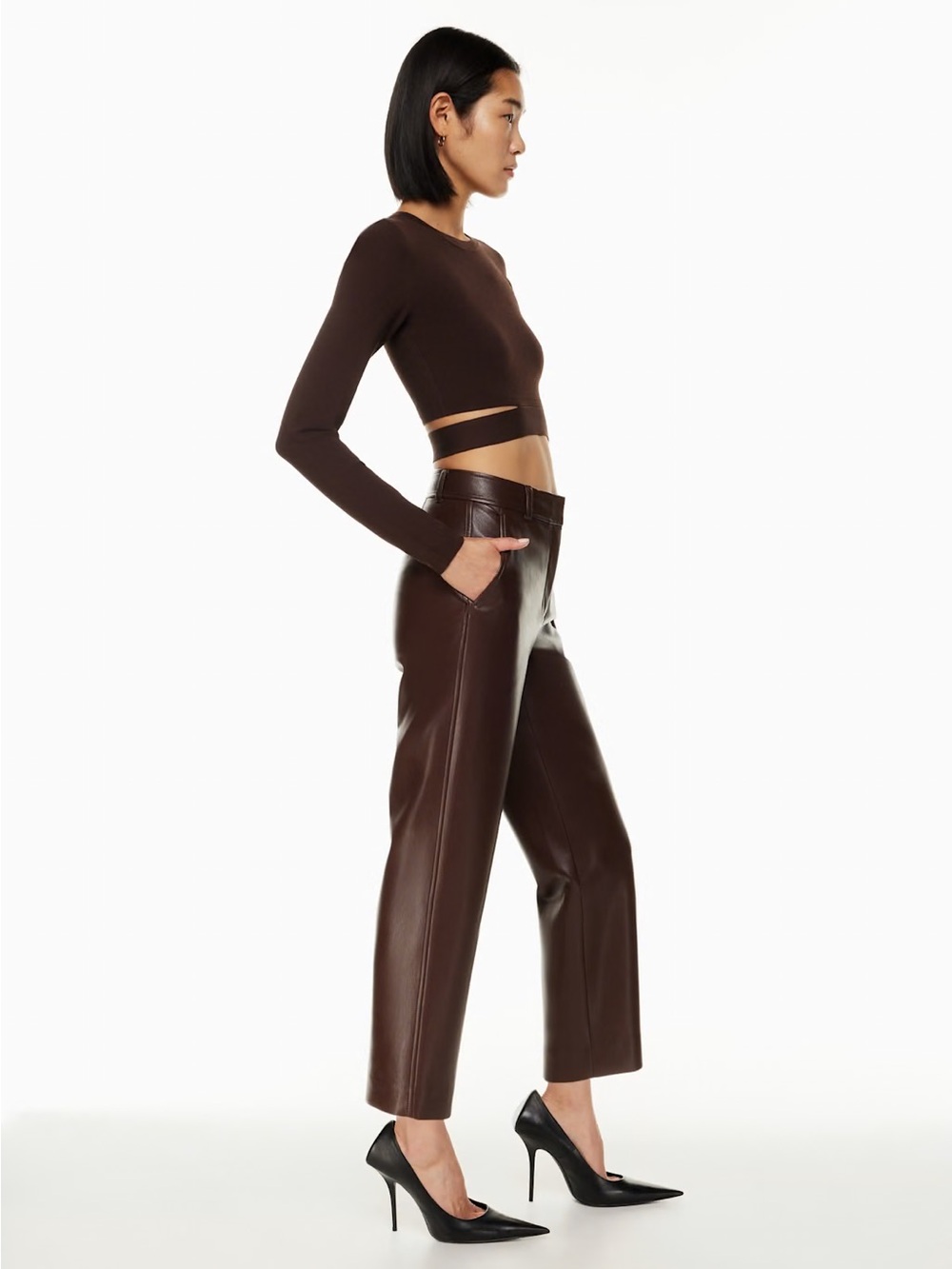Babaton command cropped Chocolate Brown Faux Leather Straight Leg Pants